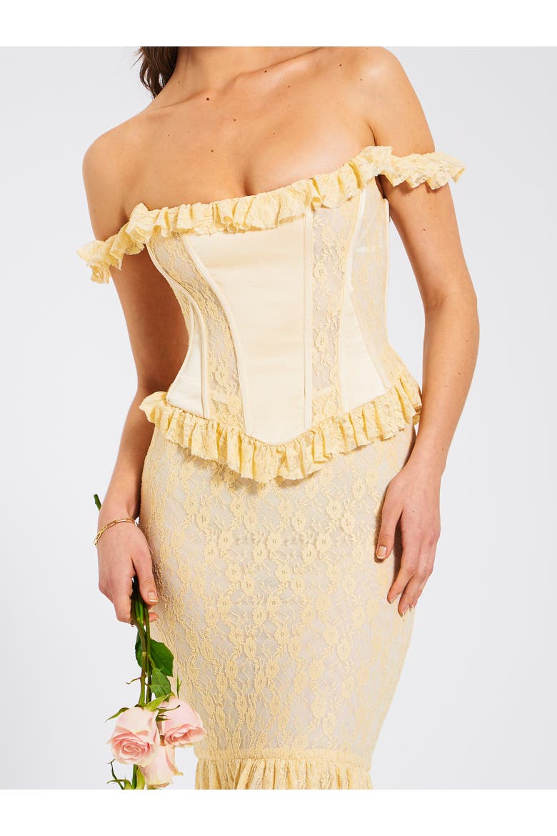 Ersilia Satin Lace Peplum Corset Off Shoulder Maxi Dress, Alternate, color, Pale Yellow