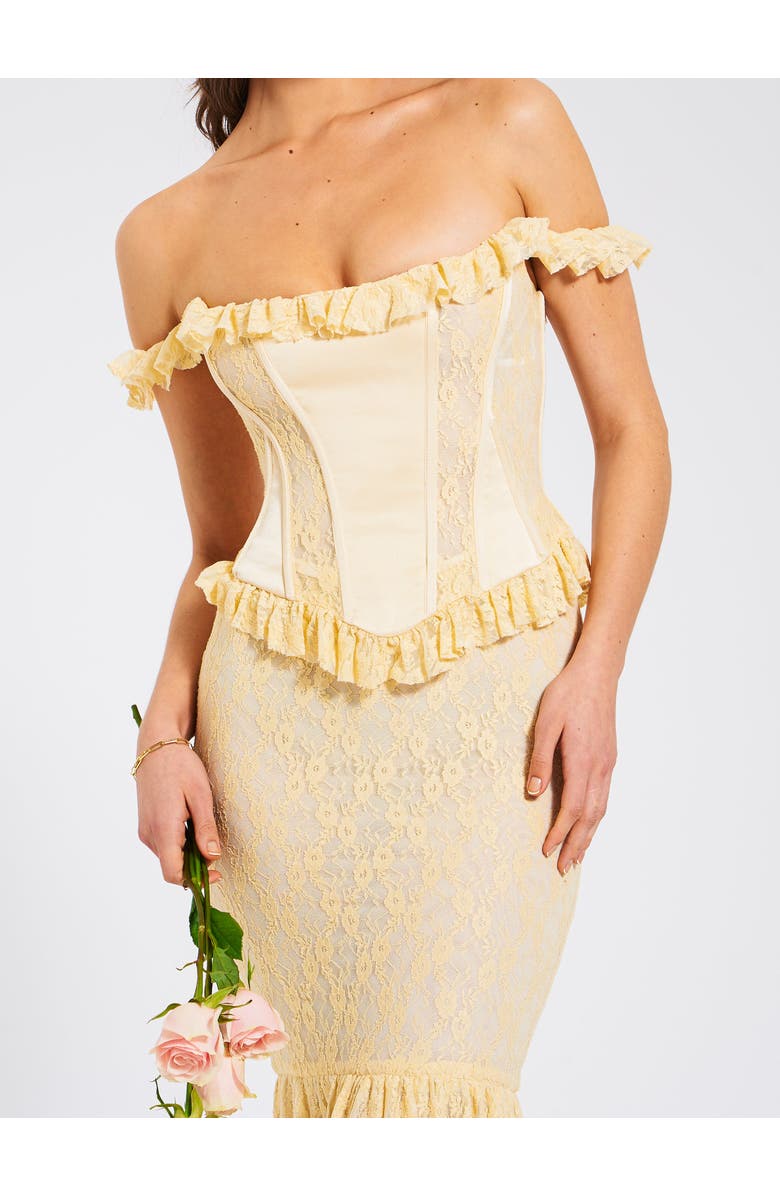 Miss Circle Ersilia Satin Lace Peplum Corset Off Shoulder Maxi Dress, Alternate, color, Pale Yellow
