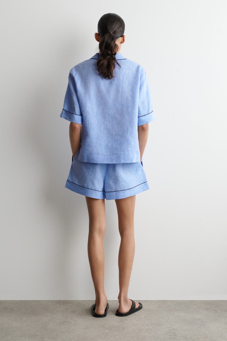 Contrast-piped Linen Shorts, Alternate, color, BLUE MÉLANGE
