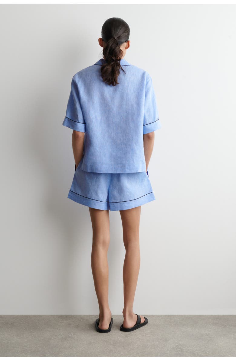 COS Contrast-piped Linen Shorts, Alternate, color, Blue Mélange