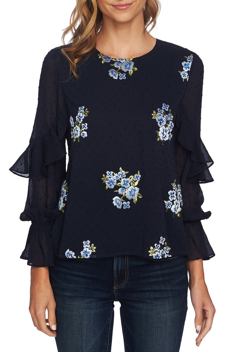Embroidered Ruffle Top, Main, color, CAVIAR