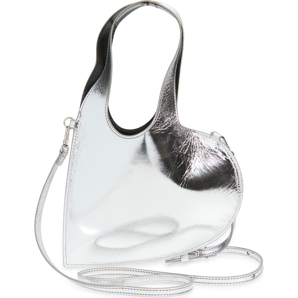 Coperni Mini Heart Metallic Leather Crossbody Tote In Silver