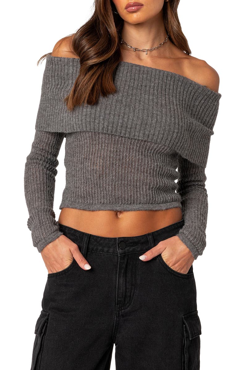 EDIKTED Lili Foldover Off the Shoulder Crop Sweater, Main, color, 