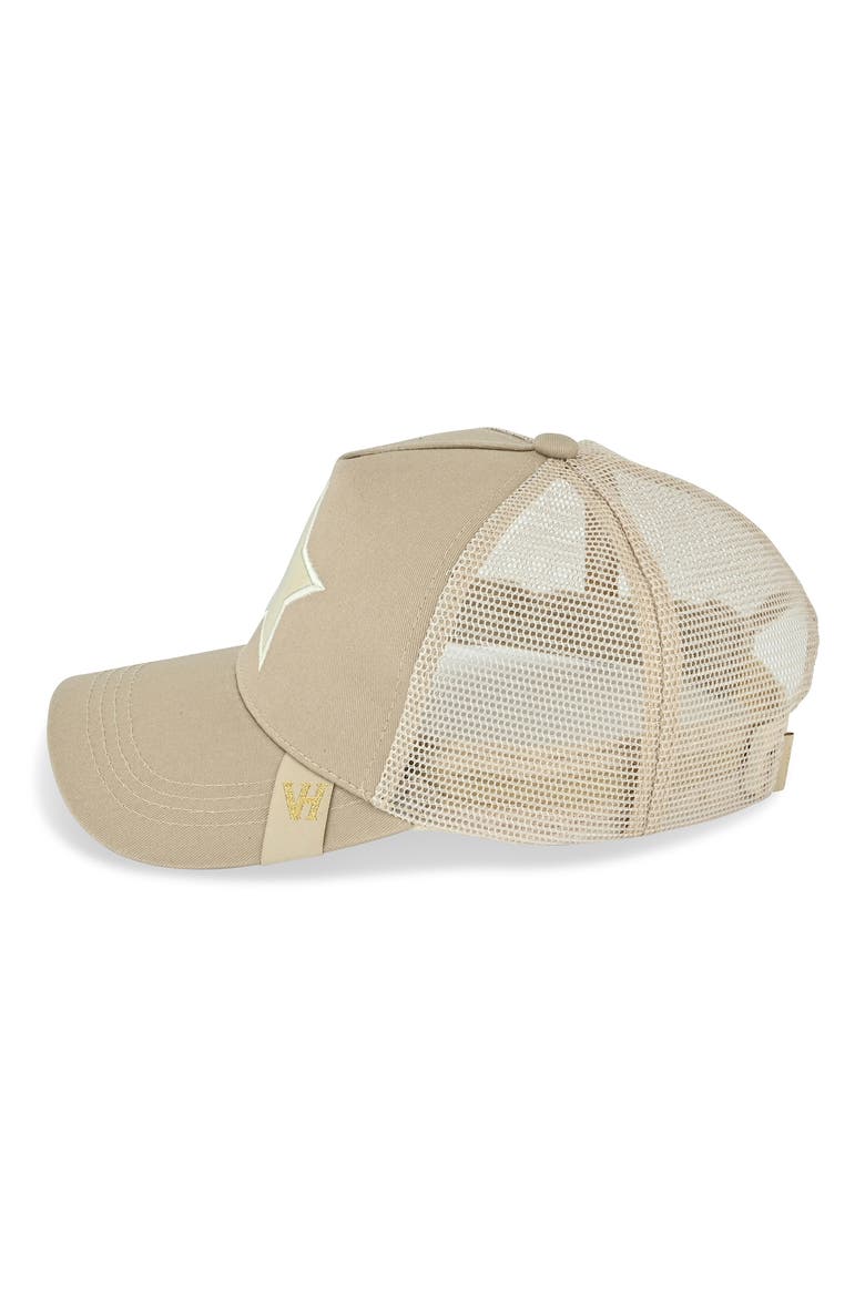 Washed Embroidered Star Mesh Panel Trucker Hat, Alternate, color, KHAKI/ WASHED GOLD