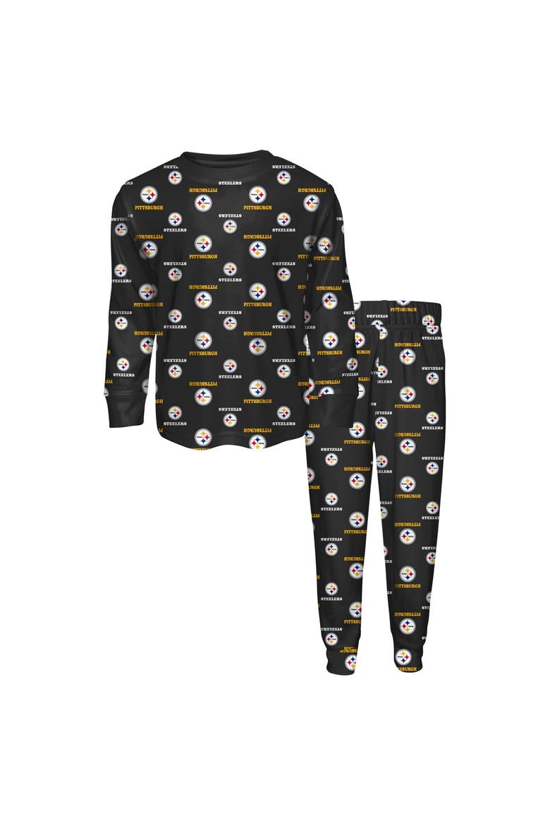 Youth Outerstuff Black Pittsburgh Steelers All-Over-Print Long Sleeve T-Shirt and Pants Sleep Set, Main, color, Black
