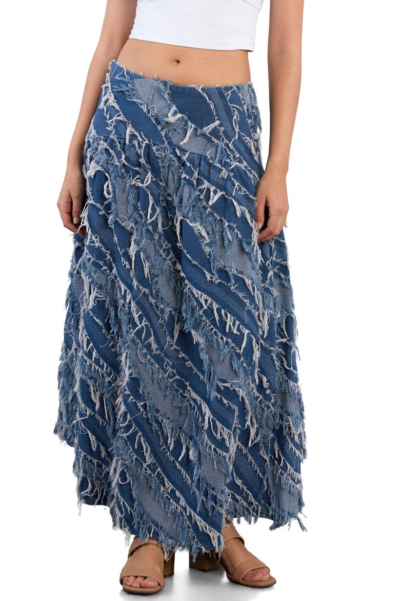 Frayed Layers Denim Maxi Skirt, Main, color, DARK DENIM STITCH