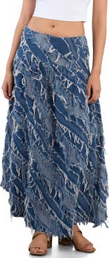 Wash Lab Denim Frayed Layers Denim Maxi Skirt