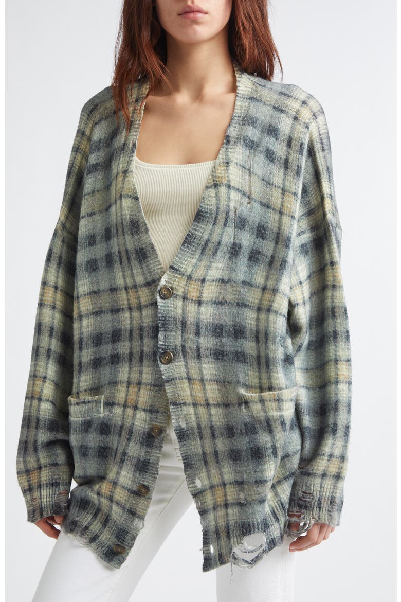 Oversize Distressed Plaid Wool & Cashmere V-Neck Cardigan, Alternate, color, GREY BLACK PLAID
