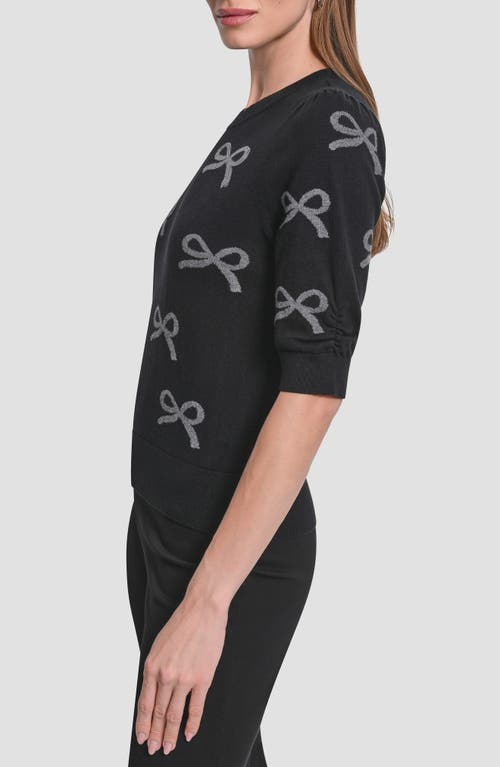 Dkny Sequin Bow Embellished Short Sleeve Cotton Blend Crewneck Sweater In Black