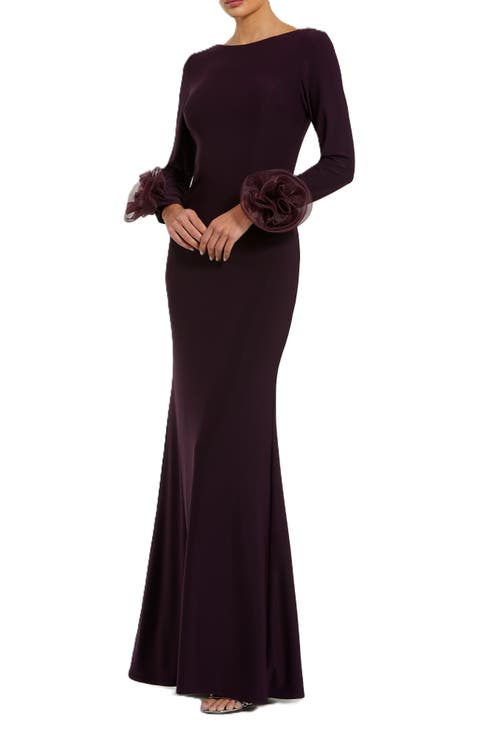Long Sleeve Fitted Jersey Gown With 3D Flowers