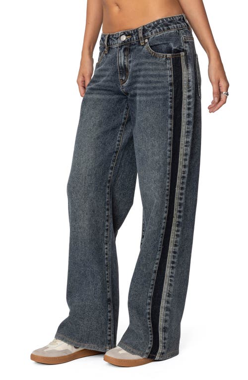 Edikted Contrast Panel Low Rise Wide Leg Jeans In Dark-blue