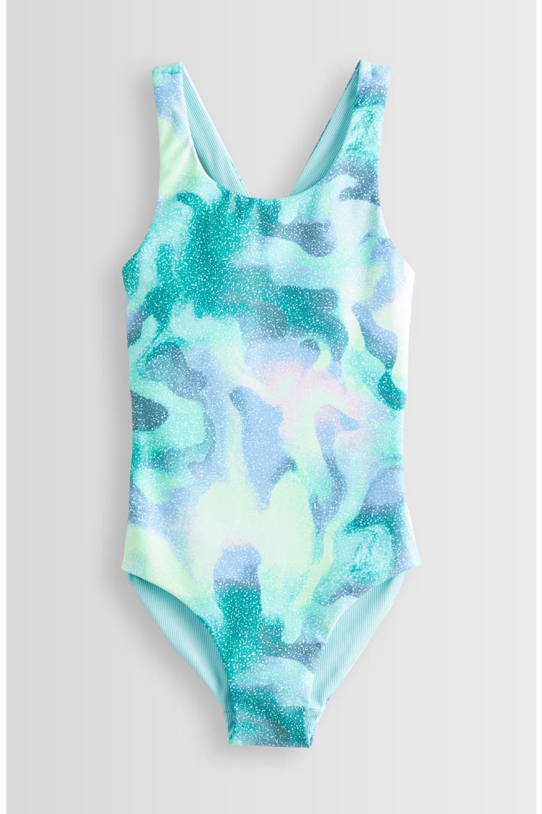 Kids' Reversible One-Piece Swimsuit, Main, color, TEAL TURQUOISE STATIC TIE DYE