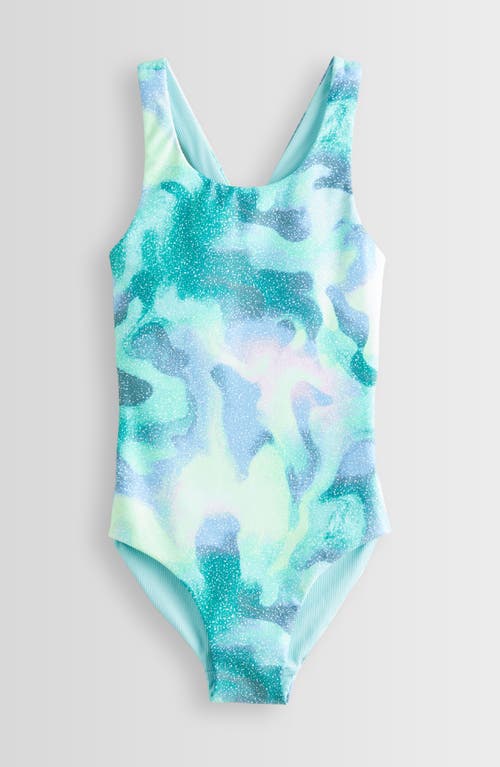 Shop Zella Girl Kids' Reversible One-piece Swimsuit In Teal Turquoise Static Tie Dye
