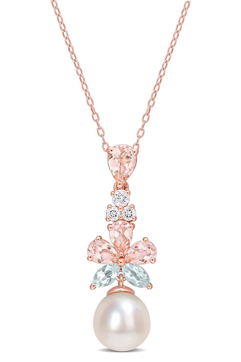 Rose Gold Plated Sterling Silver 9.5-10mm Freshwater Cultured Pearl Pendant Necklace, Main, color, MULTI