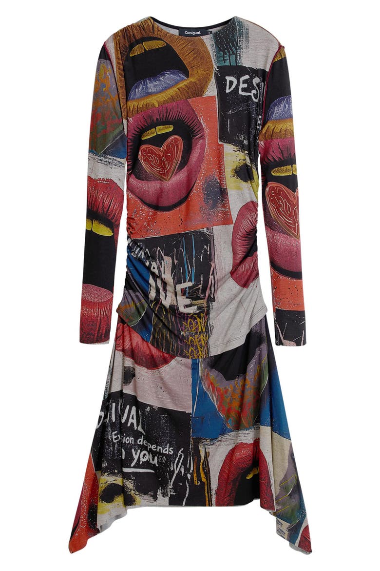 Printed Long Sleeve Dress, Alternate, color, BLACK