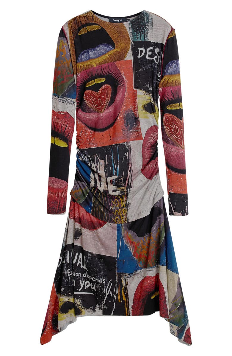 Desigual Printed Long Sleeve Dress, Alternate, color, Black