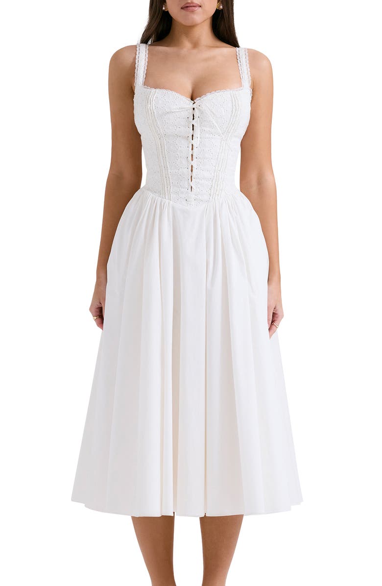 HOUSE OF CB Milia Lace Up Corset Midi Dress, Alternate, color, White