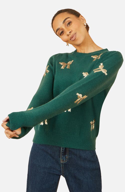Yumi Sequin Applique Bow Sweater In Green