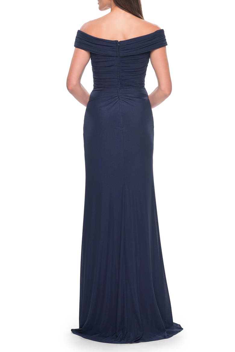 Off the Shoulder Jersey Evening Gown with Ruching, Alternate, color, Navy