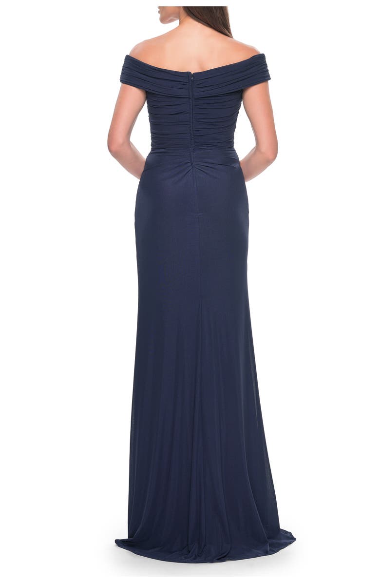 La Femme Off the Shoulder Jersey Evening Gown with Ruching, Alternate, color, Navy