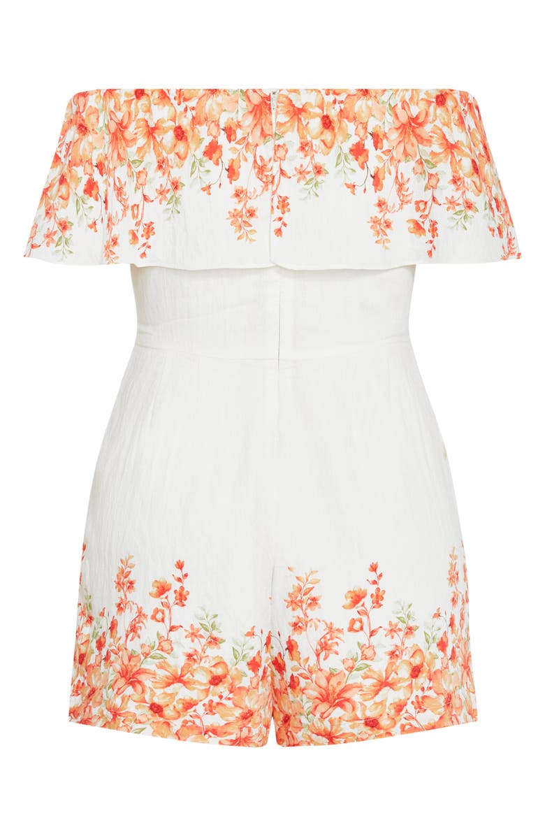 City Chic Poppy Print Off the Shoulder Playsuit, Alternate, color, Peach Pop Border