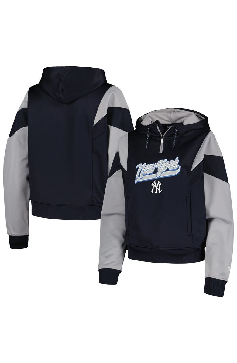 New Era Women's New Era Navy New York Yankees Color Block Fleece Quarter-Zip Hoodie, Alternate, color,