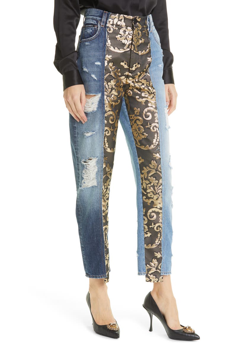 Distressed Brocade Patchwork Relaxed Crop Jeans, Alternate, color, MULTI