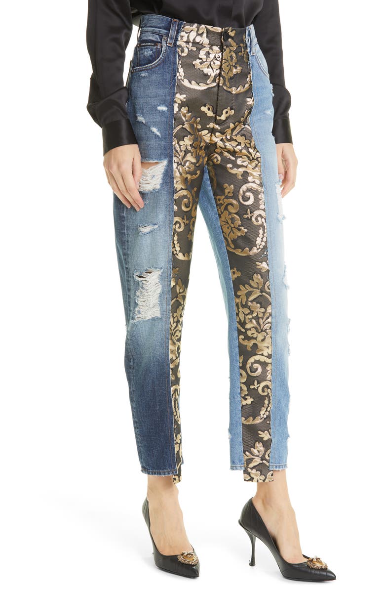 Dolce&Gabbana Distressed Brocade Patchwork Relaxed Crop Jeans, Alternate, color, 