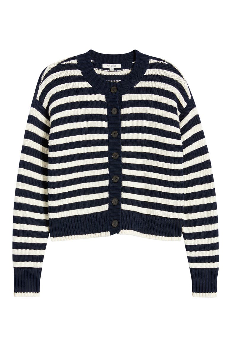 Button Front Cotton Crewneck Cardigan, Alternate, color, CLASSIC IVORY STRIPE