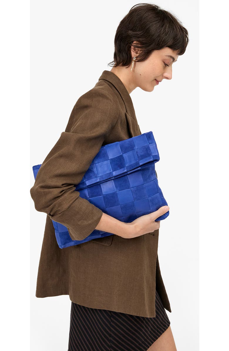 Clare V. Carryall Checkered Leather Clutch, Alternate, color, Lagoon