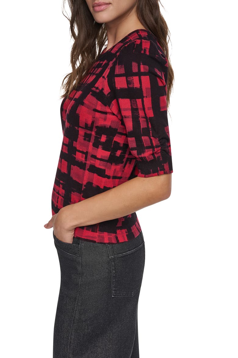 Plaid Puff Shoulder Sweater, Alternate, color, RED/ BLK PL