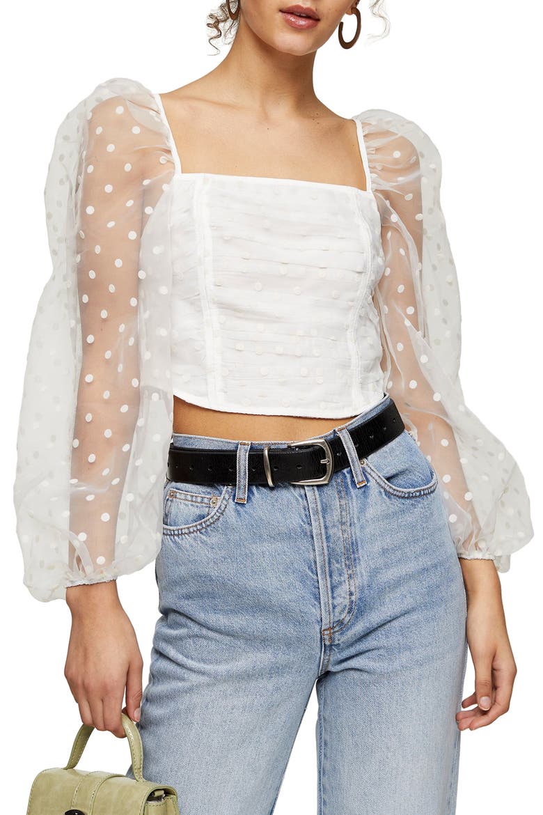 Spot Organza Ruched Corset Top, Main, color, WHITE