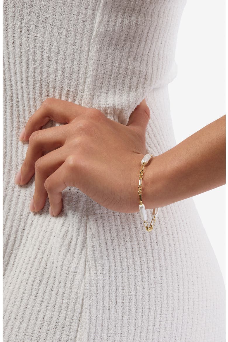 Faux Pearl Paper Clip Chain Bracelet, Alternate, color, GOLD