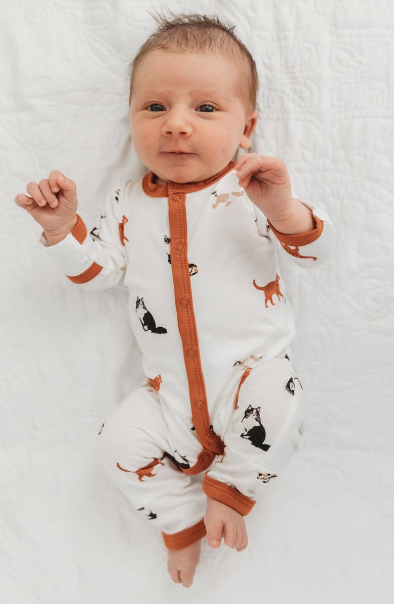 Kyte BABY Cat Print Snap Up Romper, Alternate, color, 