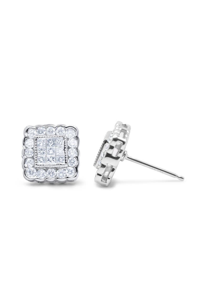 14K White Gold 1.0 Cttw Diamond Scallop-Edge Framed Square Halo Stud Earrings, Alternate, color, White