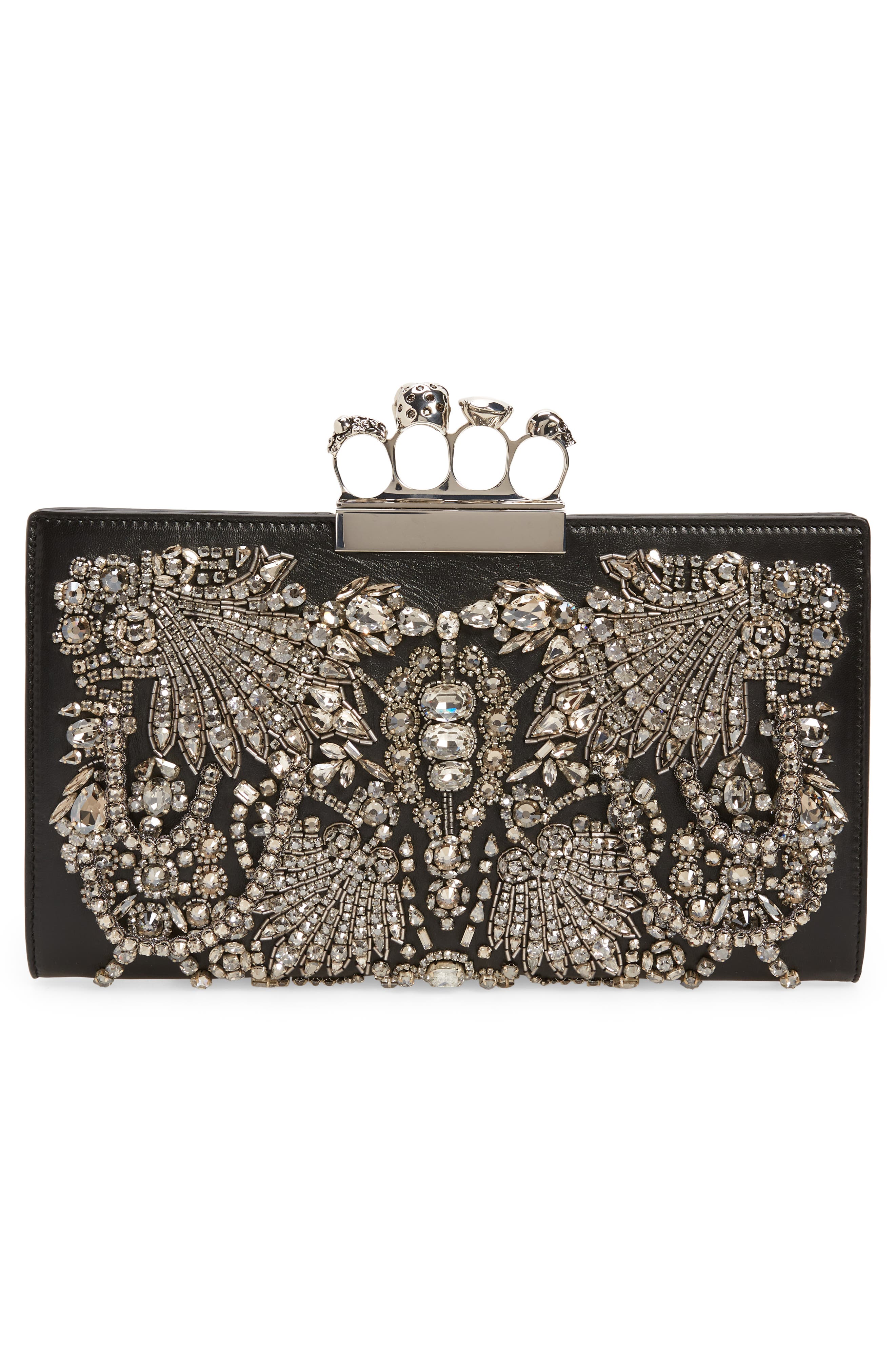 McQueen Crystal Embellished Four-Ring Flat Pouch Clutch, Alternate, color, 