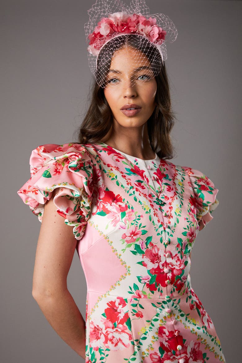 Lisa Printed Ruffle Hem Midi Dress, Alternate, color, Pink