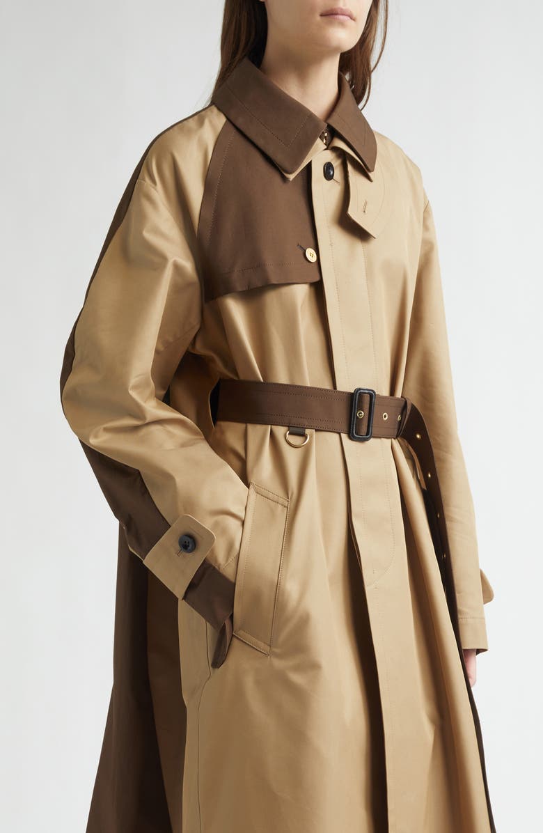 Sacai Colorblock Cotton Blend Gabardine Trench Coat, Alternate, color, Beige/ Brown