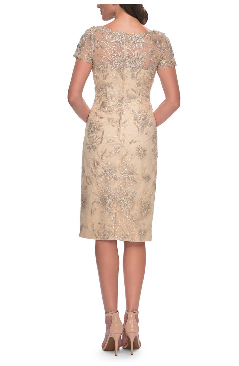 La Femme Beaded Short Evening Dress with Illusion Neckline, Alternate, color, Champagne