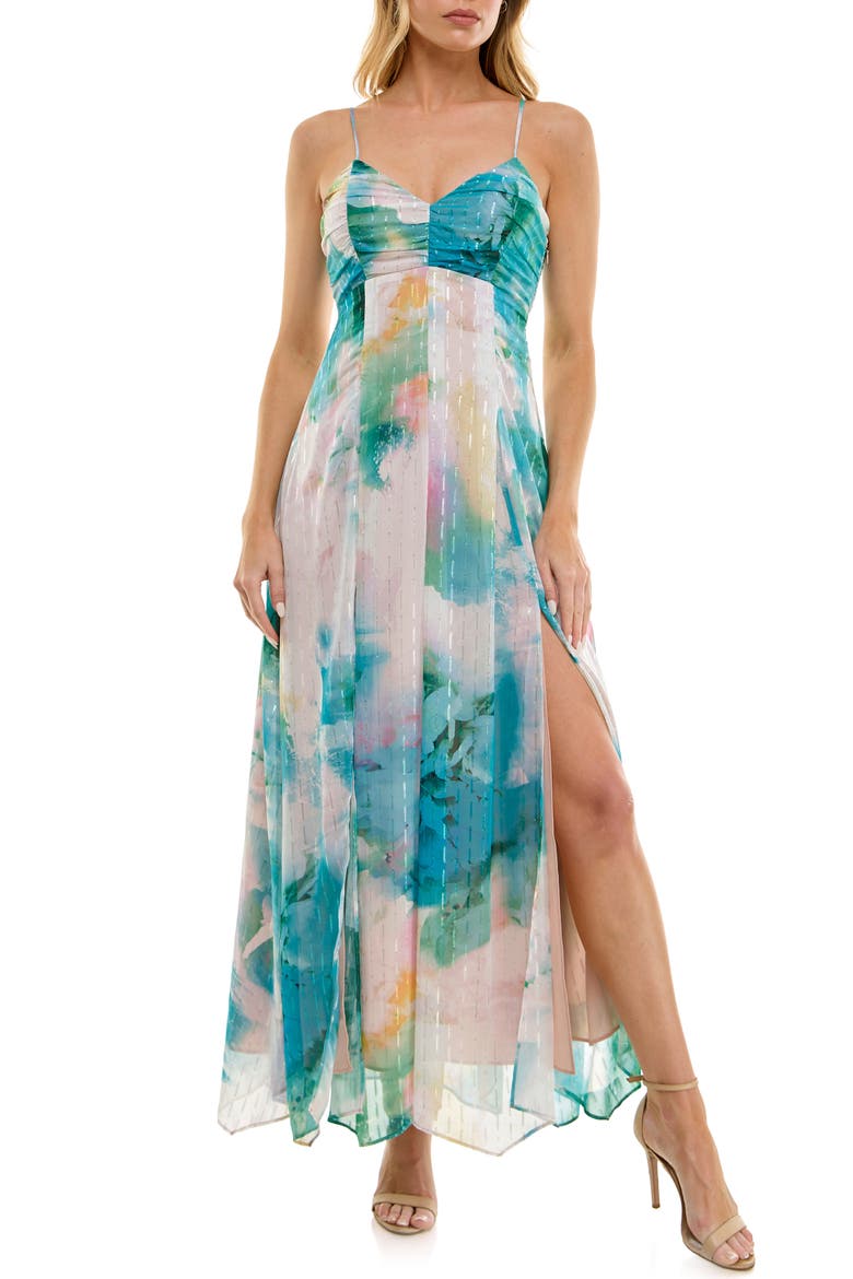 Asymmetric Metallic Chiffon Gown, Main, color, IVORY/ AQUA