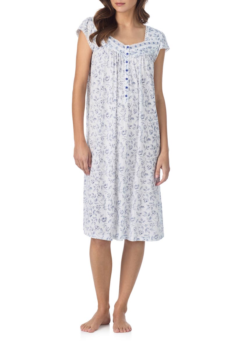 Floral Print Cap Sleeve Waltz Nightgown, Main, color, WHITE/ NAVY