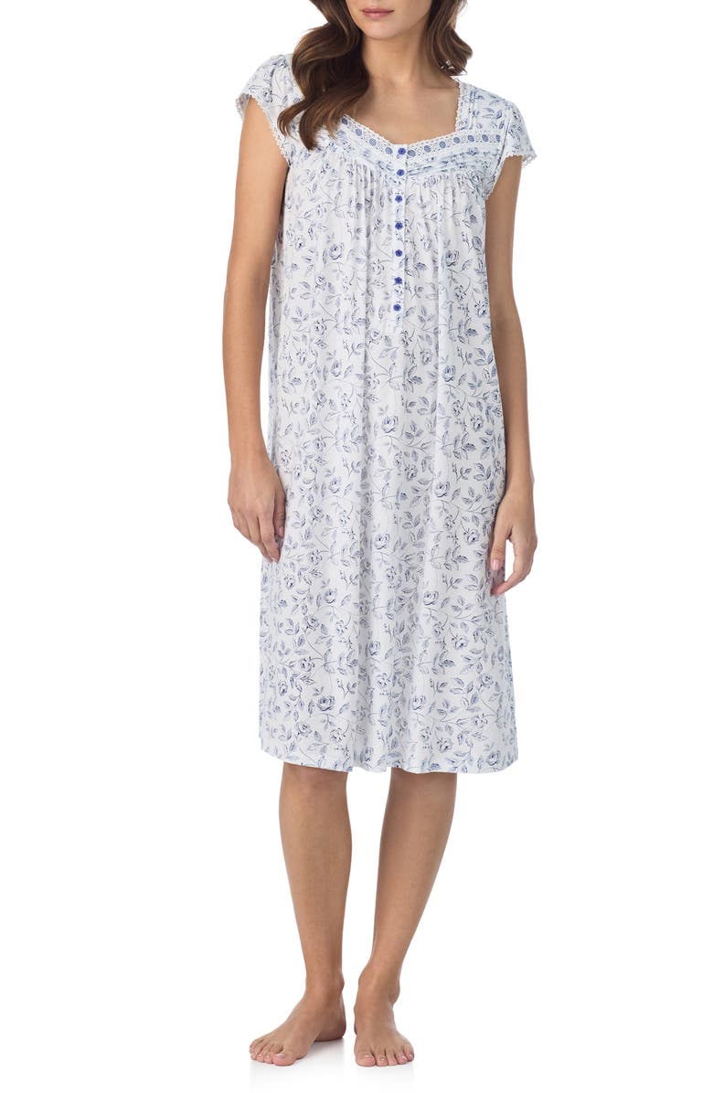 Eileen West Floral Print Cap Sleeve Waltz Nightgown, Main, color, White/ Navy