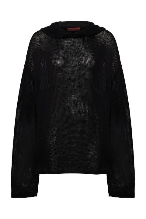 Cotton Blend Knitted Hoodie With Woven Patch