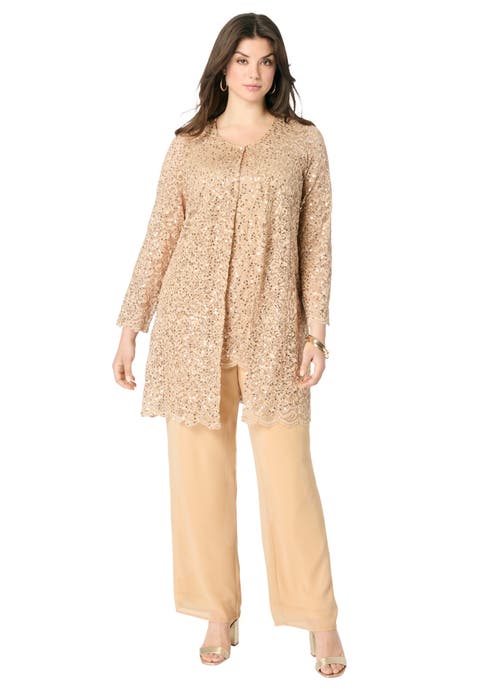 Plus Size 3 Piece Allover Sequin Lace Jacket And Tank Pant Set