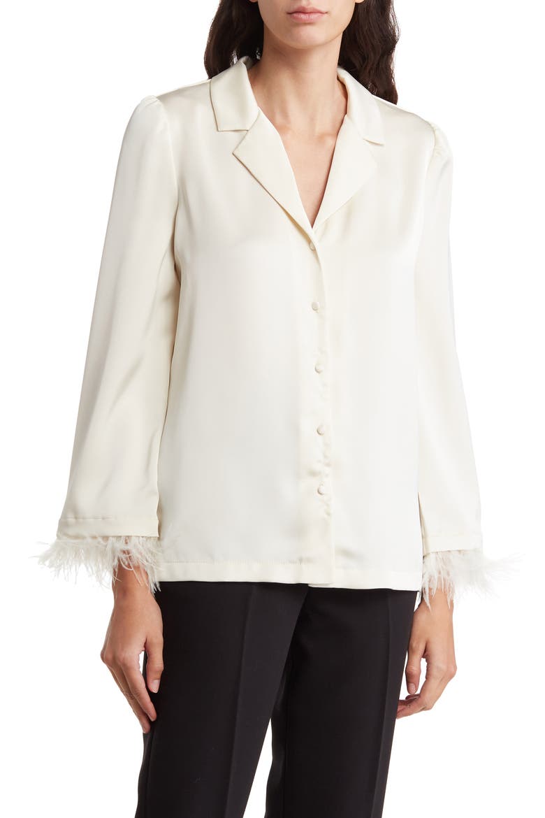 Laine Feather Trim Satin Button-Up Top, Main, color, IVORY