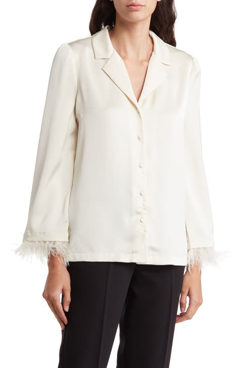 Laine Feather Trim Satin Button-Up Top