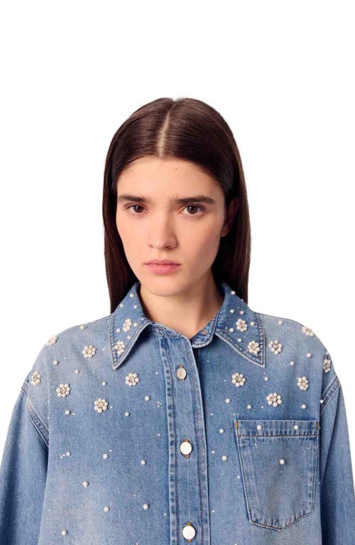 Maje Denim Shirt With Embroidered Beads In Blue