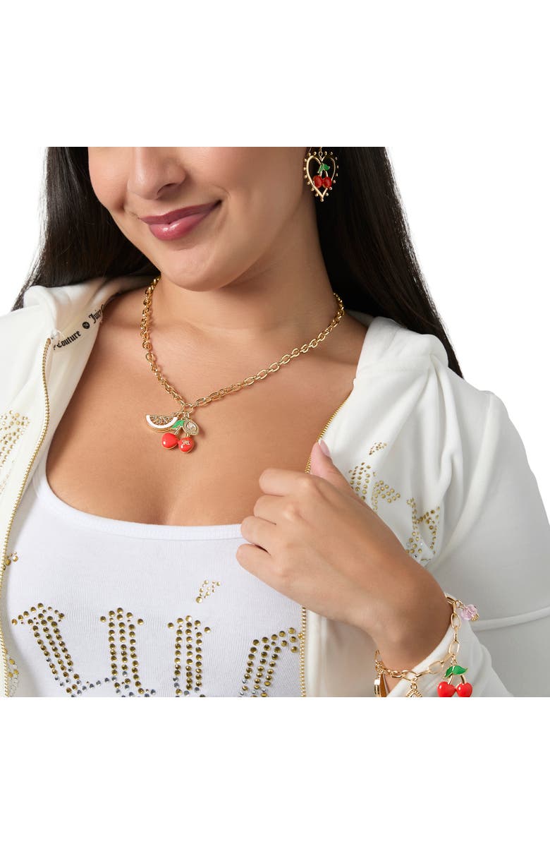 Juicy Couture Cherry & Watermelon Charm Necklace, 18 + 2'', Alternate, color, Gold Tone, Red