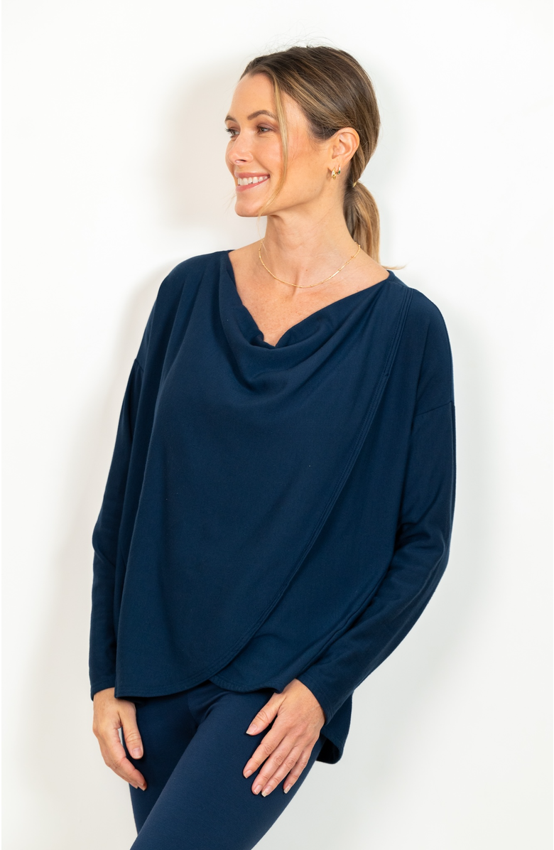 JJwinks Sweater Weather Built-In Shelf Off-The-Shoulder Fleece Long Sleeve Top, Alternate, color, Navy