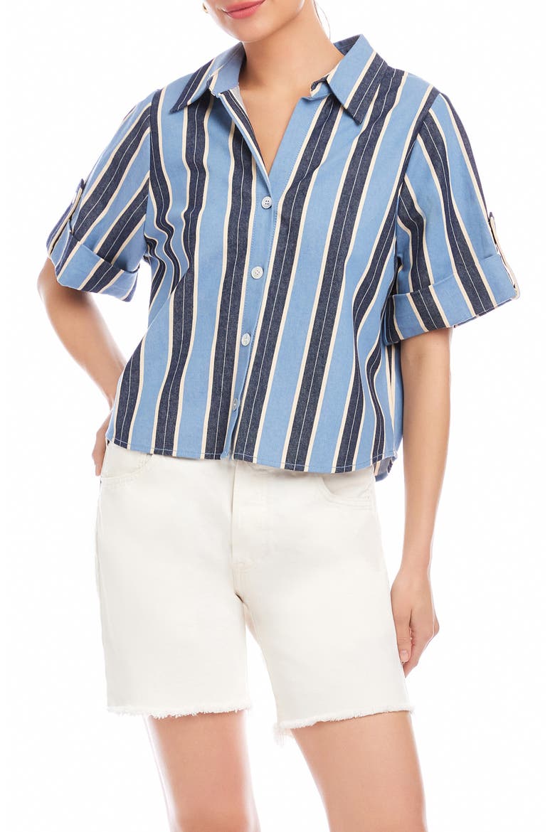 Kay Roll Tab Cuff Stretch Cotton Button-Up Shirt, Main, color, BLUE/ CREAM